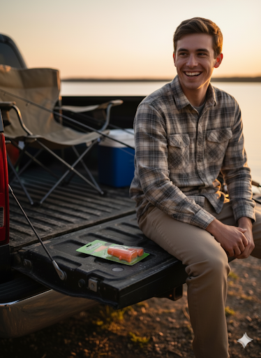 Man sitting on a truck bed by a lake at sunset, getting ready to fish.